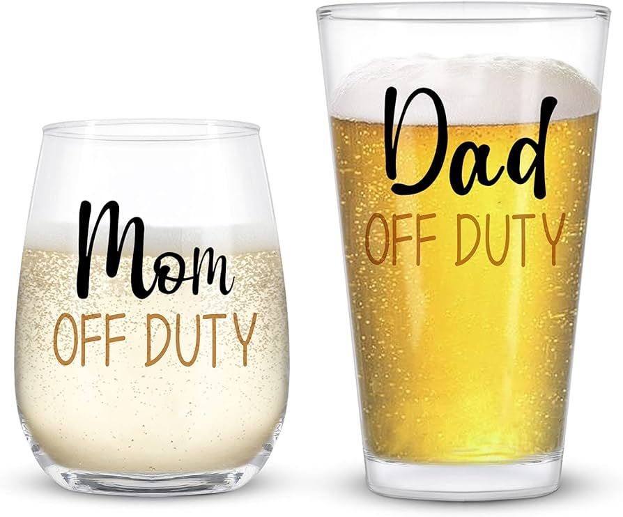 Dad and Mom Gift Set, Dad & Mom off Duty Beer Glass and Stemless Wine Glass Combo for Dad Mom New... | Amazon (US)