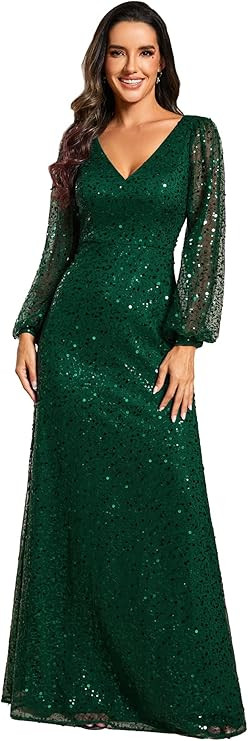 Ever-Pretty Women's Sequin A-Line V Neck Beaded Gown Long Sheer Sleeves Cocktail Evening Gown 019... | Amazon (US)