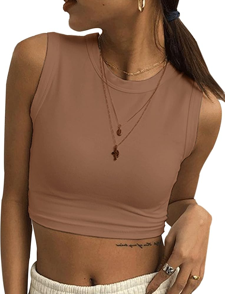 KAMISSY Women Casual Crew Neck Crop Tank Top Solid Sleeveless Vest Crop Top | Amazon (US)