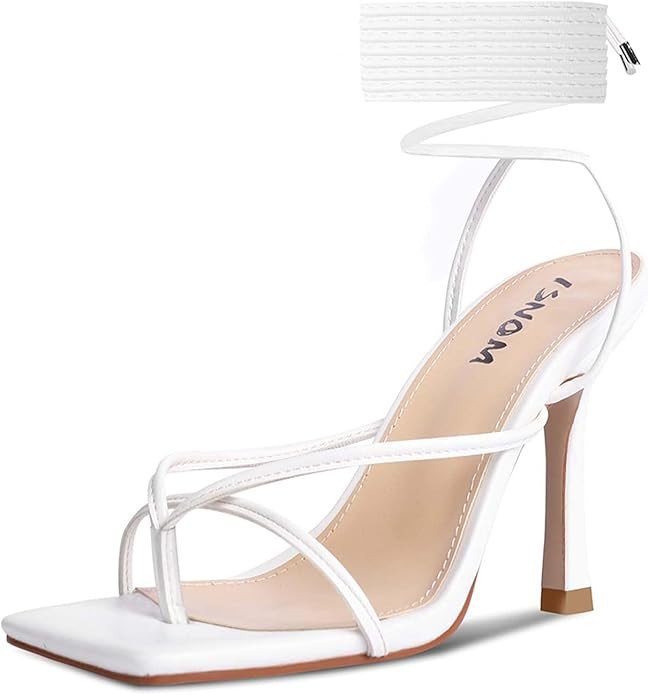 ISNOM Lace Up Heels Sandals for Women, Square Toe Open Toe Thong Strappy Heels Women's Stiletto H... | Amazon (US)