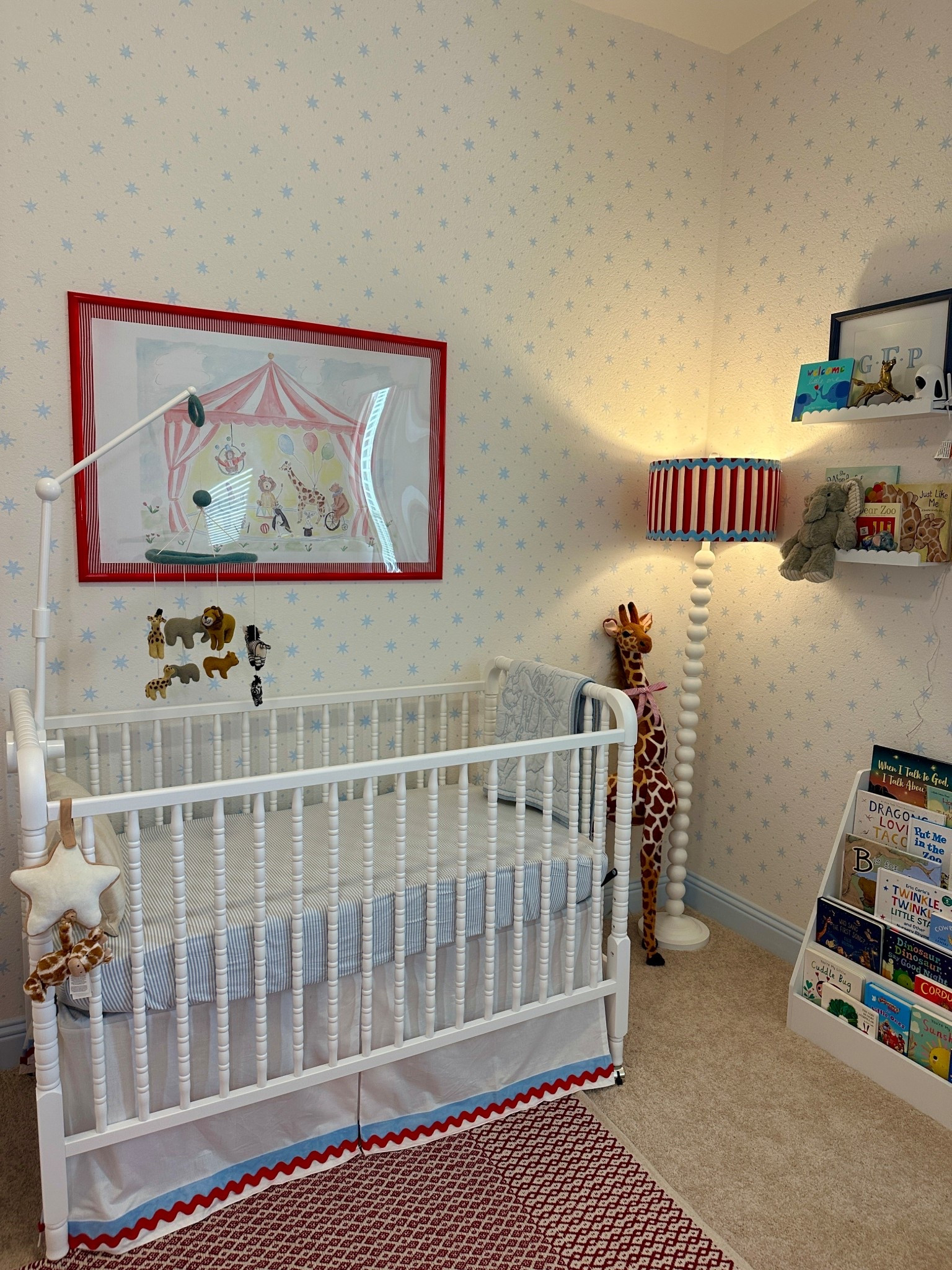 carnival/ circus themed boy nursery! finally finished his nursery just in time🎪🩵
loving all the patterns and bold colors paired with the precious animals❤️🐘🦁

#LTKBaby #LTKKids #LTKHome