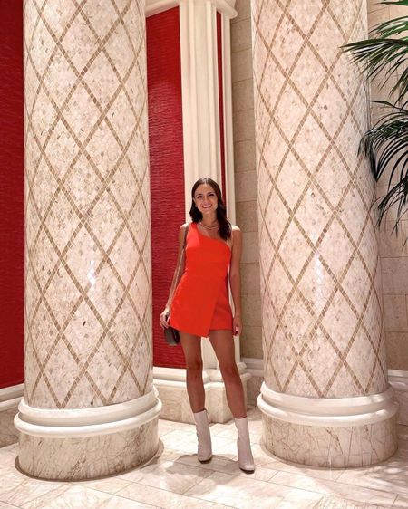 Little red dress. One shoulder red mini dress. White patent leather boots. Vegas looks. Steven madden. French connection #vegasoutfit #vegaslook #vegas 

#LTKHoliday #LTKshoecrush #LTKstyletip
