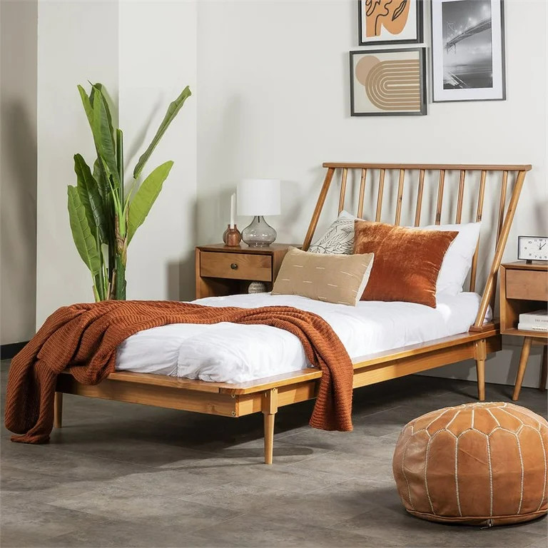 Twin Mid Century Solid Wood Spindle Bed in Caramel - Walmart.com | Walmart (US)
