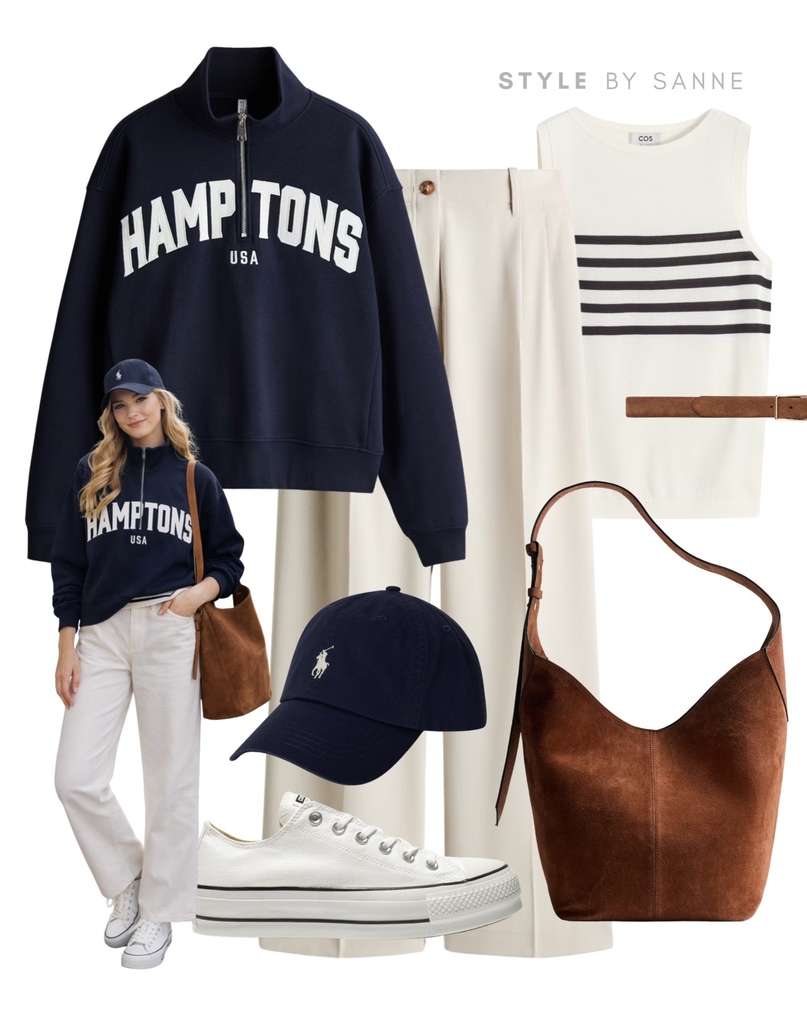 A relaxed Hamptons sweatshirt paired with soft cream trousers creates an effortless casual look. Styled with classic Converse, a navy cap and a warm brown shoulder bag for an easy everyday outfit.💙

#LTKspring #LTKstyletip