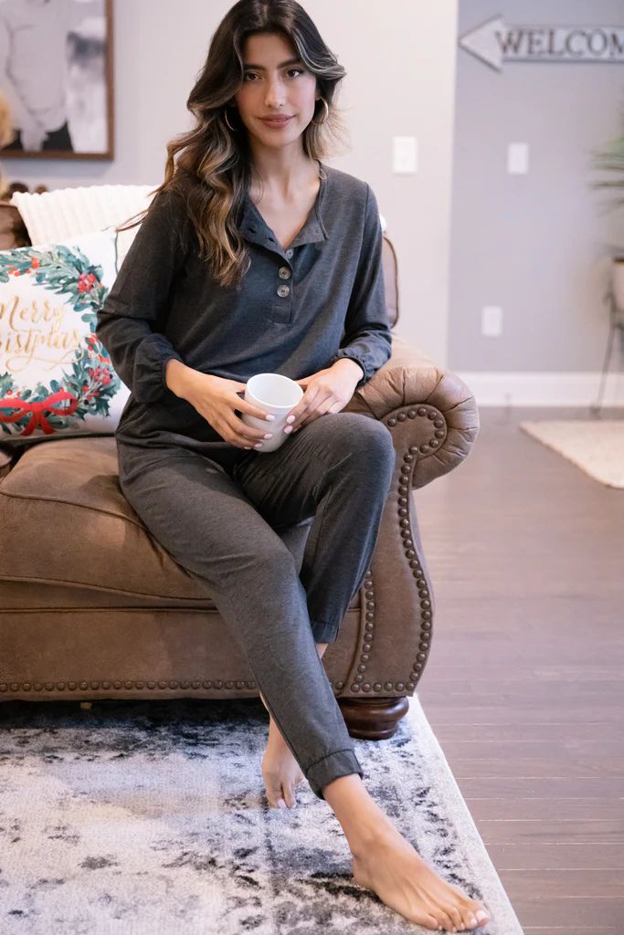 Stay Close Charcoal Gray Henley Jumpsuit | The Mint Julep Boutique