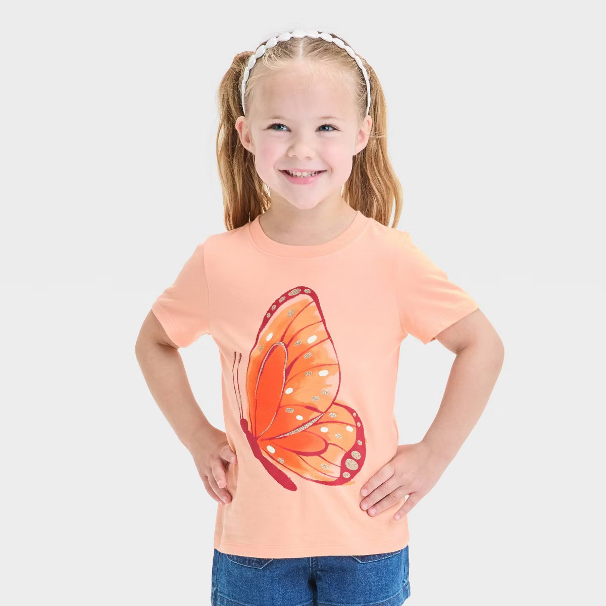 Toddler Girls' Butterfly Graphic T-Shirt - Cat & Jack™ Peach Orange 4T: Cotton Blend, Recycled ... | Target