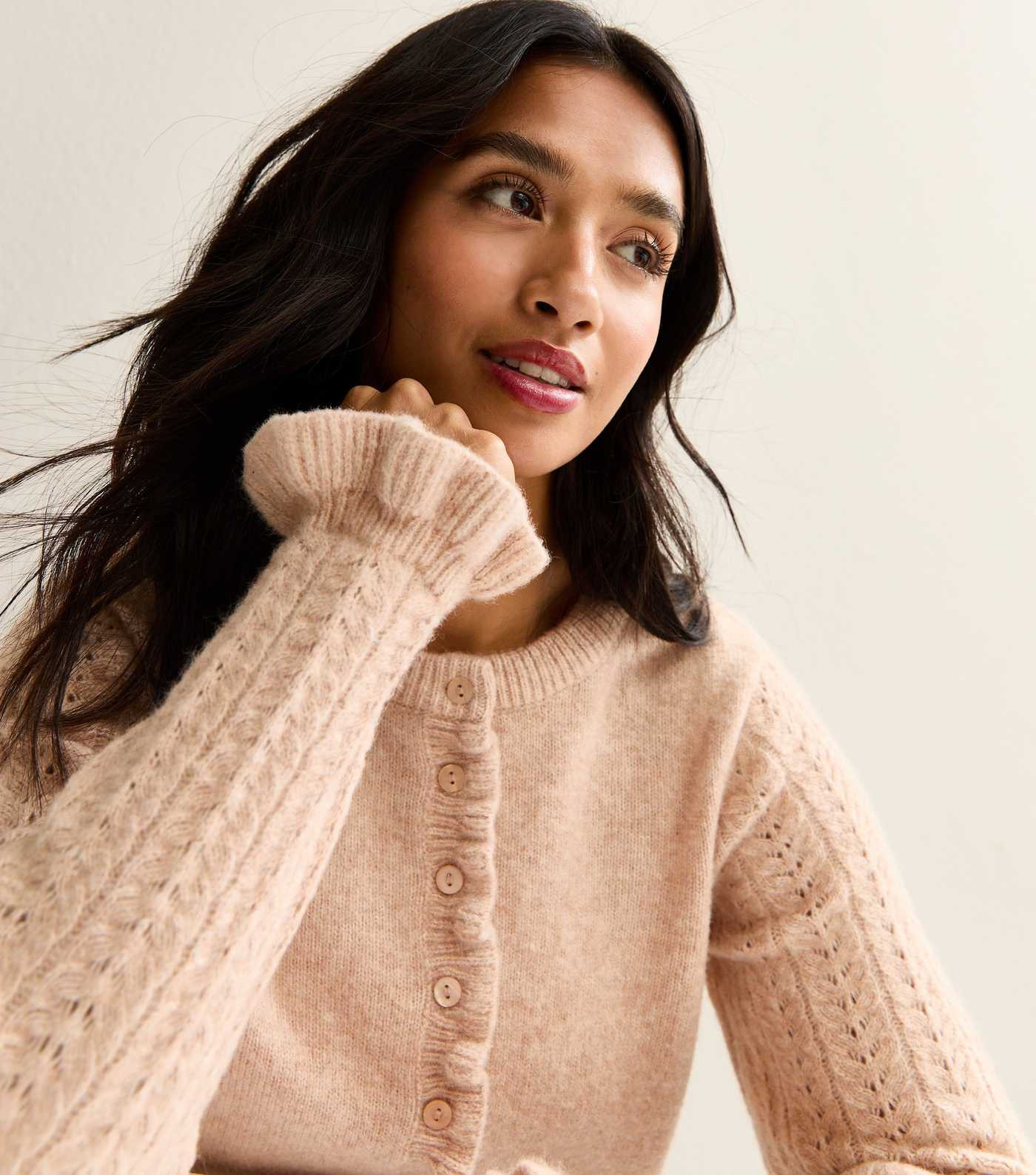 Petite Camel Contrast Sleeves Frilly Trimmed Cardigan | New Look | New Look (UK)