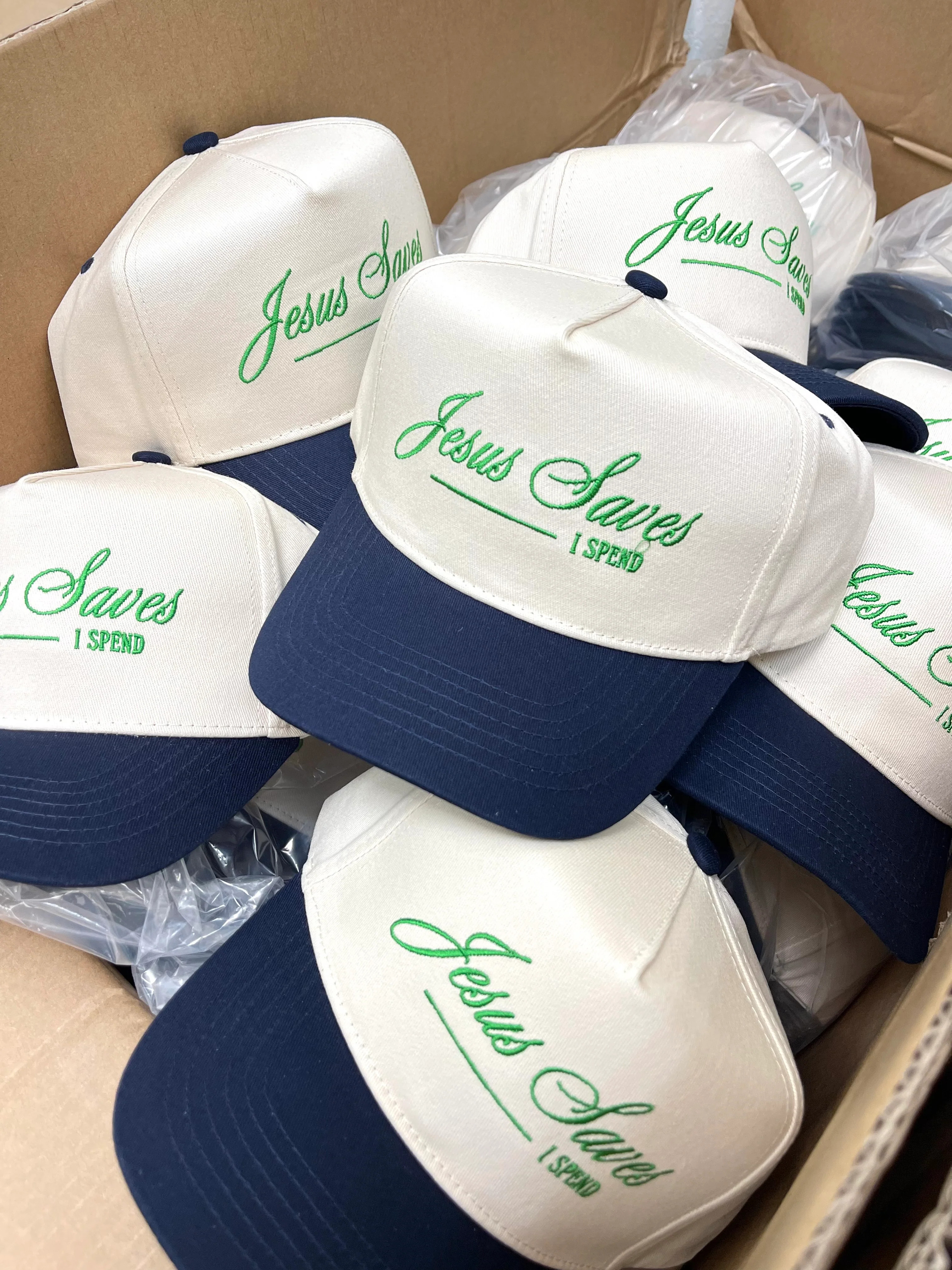 Jesus Saves, I Spend - Navy Vintage Trucker Hat | KenzKustomz