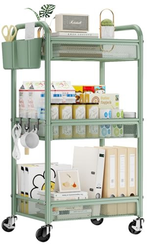 YASONIC 3 Tier Rolling Cart – Metal Utility Storage Carts with Wheels, Craft Carts Organizer with Hanging Cups, Hooks, Mesh Basket for Bedside Kitchen Office Art, Green | Amazon (US)