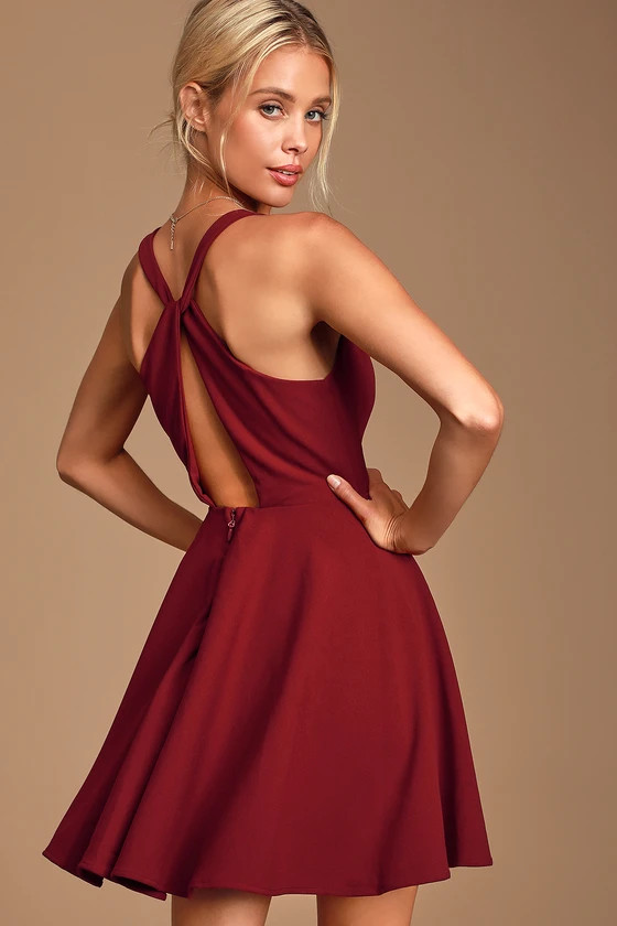 Wonder Whirl Wine Red Twist Back Skater Dress | Lulus (US)