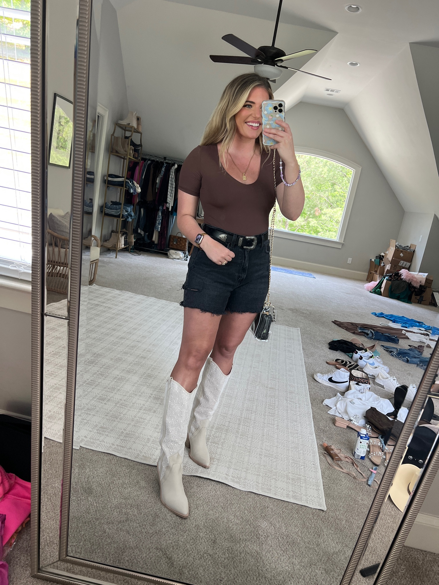 •Skims lookalike Bodysuit - TTS - M 
•Boob covers TTS code MORGBULLARD for 10% off. SO GOOD! ⭐️ grip to your boobs under any fitted shirt. 🤌🏼
•Black denim shorts (my fav!) sized up 1 to the size 30 for a perfect fit. 15% off ⭐️
•White satin button down shirt (my fav!) TTS - M (comfy fit)
•Black heels TTS (my fav!) 
•Nike blazer high tops sized up 1/2
•white pearl cowboy boots sized up 1 size from the 9 to 10 
•belt TTS 28-32” (I’m a size 29 waist & it fits great w extra room) 
Clear concert bag purse crossbody bag 


GRWM! 😍🫶🏼 This skims bodysuit lookalike is 🤌🏼 buttery soft, so stretchy + comfy, & double lined. The brown is just 🤎 This bodysuit is so versatile - wanted to show y’all 3 ways to wear it - dressy, casual, & for a concert. 🤠 I wore the last look to the chase rice concert last night & it was perfect! Which look is your fav?? 👇🏼 Linking everything for y’all on the @shop.ltk app with sizing info! 

Direct URL: 

#size8 #lookforless #momshorts  #amazonfashion #skims #amazonfinds #grwmreel #businesscasualoutfit #fashionreels #outfitreel #abercrombiestyle #abercrombiejeans #midsizestyle #midsizefashion #countryconcert #concertoutfit #erastouroutfit #morganwallenconcert #casualoutfit 

Country concert outfit taylor swift eras tour outfit pearl cowboy boots skims dupe brown bodysuit heatless curls high top sneakers white button down white shirt casual outfit comfy mom style size 8 midsize 

#LTKFind #LTKunder50 #LTKFestival