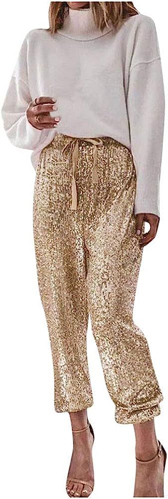 iYYVV Fashion Lady High Waisted Sequin Crop Pants Sexy Style Foot Tape Party Trousers | Amazon (US)