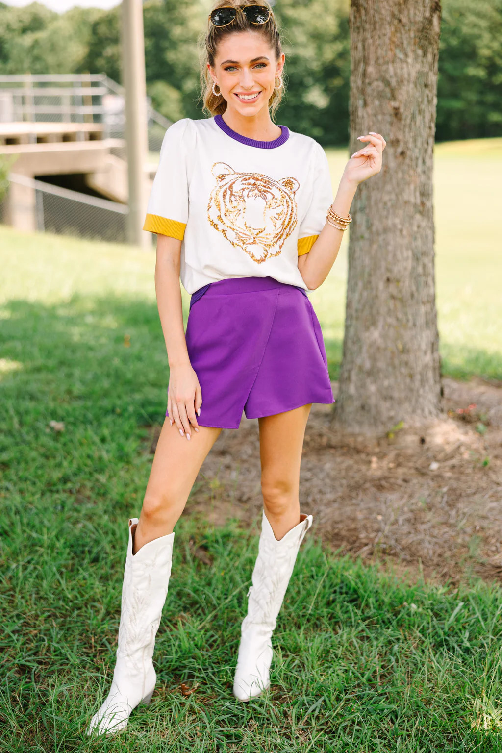 Stay In Character White/Purple Tiger Sweater | The Mint Julep Boutique