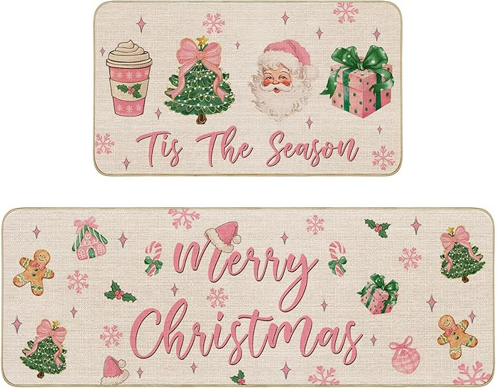 Mocsicka Pink Christmas Kitchen Rugs Set, Tis The Season Santa Claus Kitchen Mat for Christmas Ki... | Amazon (US)
