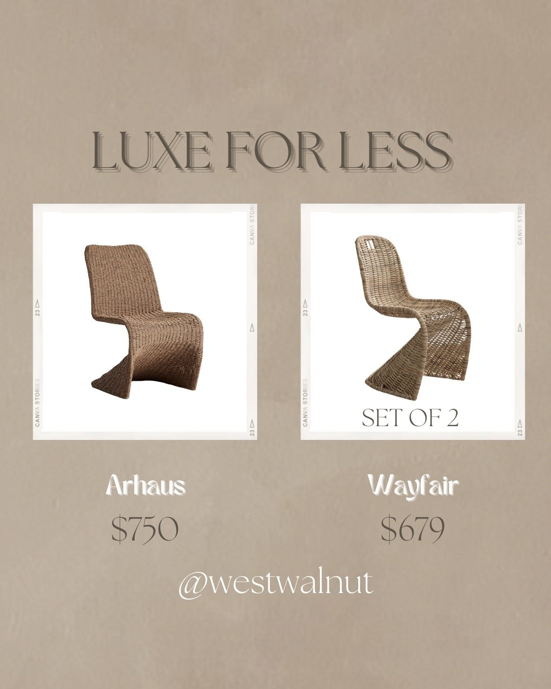 Curved Outdoor Dining Chair Luxe For Less

The Arhaus chair on the left in the color natural is made from an all weather resin wicker wrapped over an aluminum frame.
Dimensions: 20.25”W x 26.5”D x 35”H

The outdoor dining chair on the right from Wayfair is made with wicker and a metal frame. 
Dimensions: 18.5”W x 17.7”D x 37.4”H

#outdoordiningchair #outdoorfurniture #wickerchair

#LTKHome