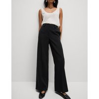 M&S Collection female Crepe Tab Detail Wide Leg Trousers - 12REG - Black, Ecru,Black | Marks & Spencer (UK)