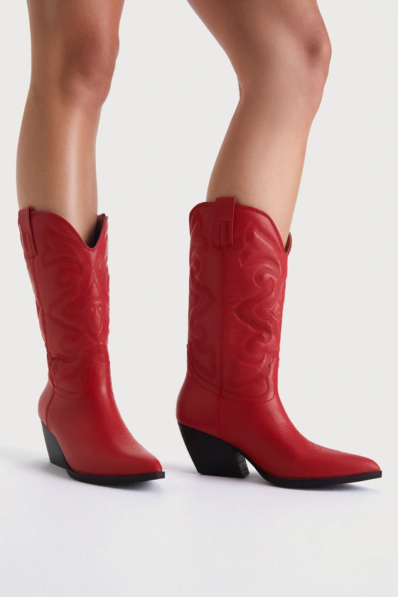 Anisa Red Pointed-Toe Mid-Calf Western Boots | Lulus (US)