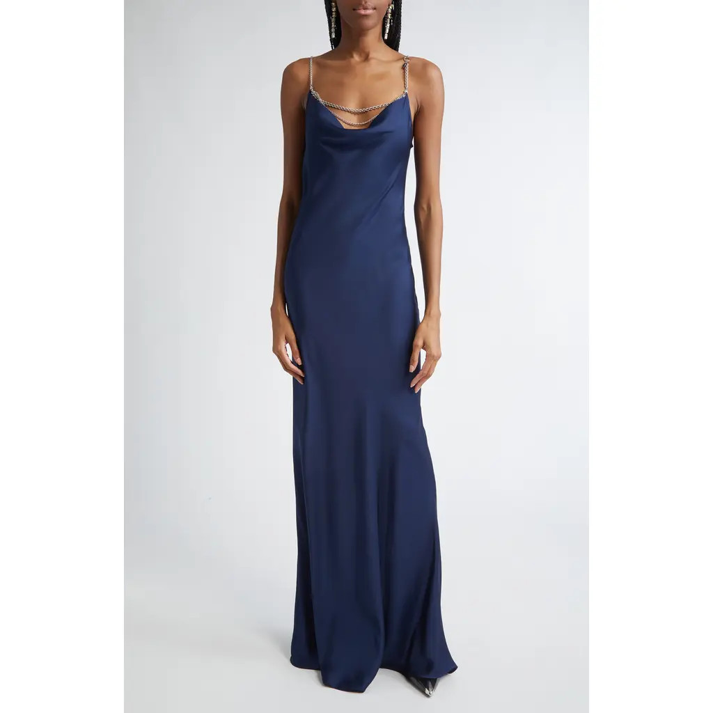 Rabanne Jeweled Cowl Neck Satin Gown in Deep Navy at Nordstrom, Size 12 Us | Nordstrom