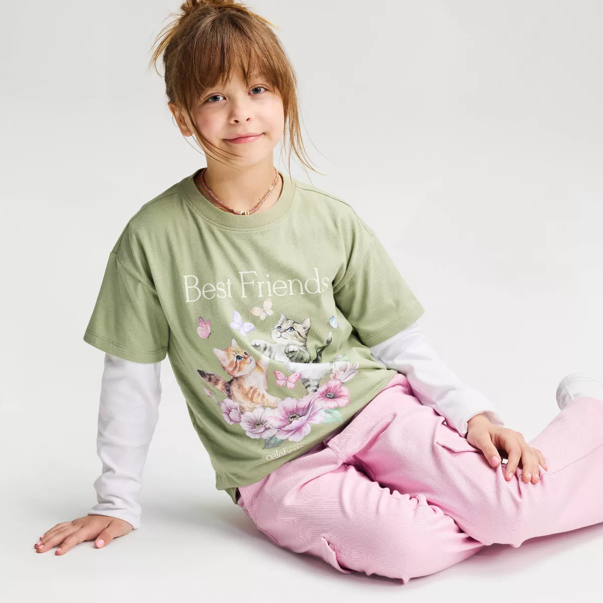 Girls' Short Sleeve 100% Cotton 'Kitten Best Friends' Oversized Graphic T-Shirt - Cat & Jack\u212... | Target