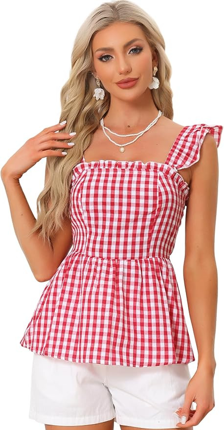 Allegra K Gingham Peplum Top for Women's Summer Square Neck Sleeveless Plaid Blouse | Amazon (US)