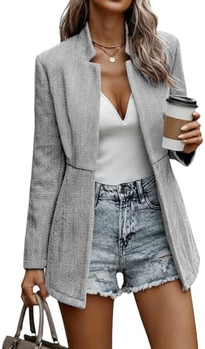 Mina Self 2025 Fall Winter Women's Herringbone Blazer Jackets - Notch Lapel Open Front Long Busin... | Amazon (US)