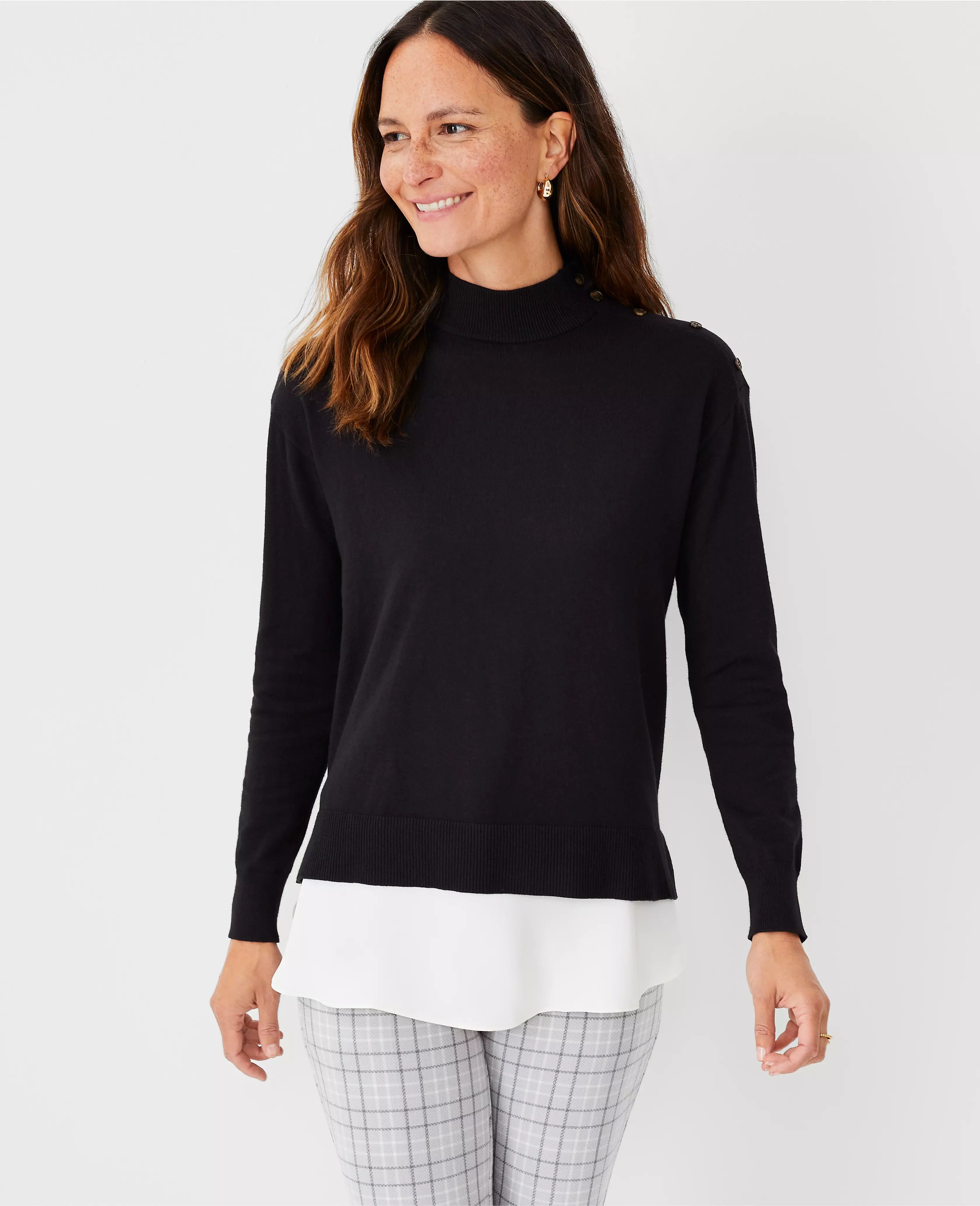 Mixed Media Shoulder Button Sweater | Ann Taylor (US)