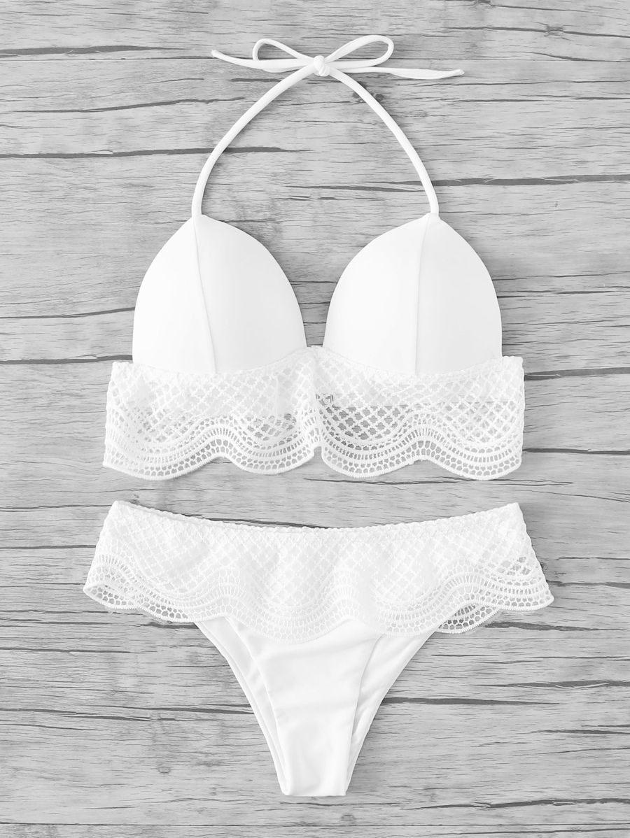 Crochet Ruffle Trim Halter Bikini Set | SHEIN