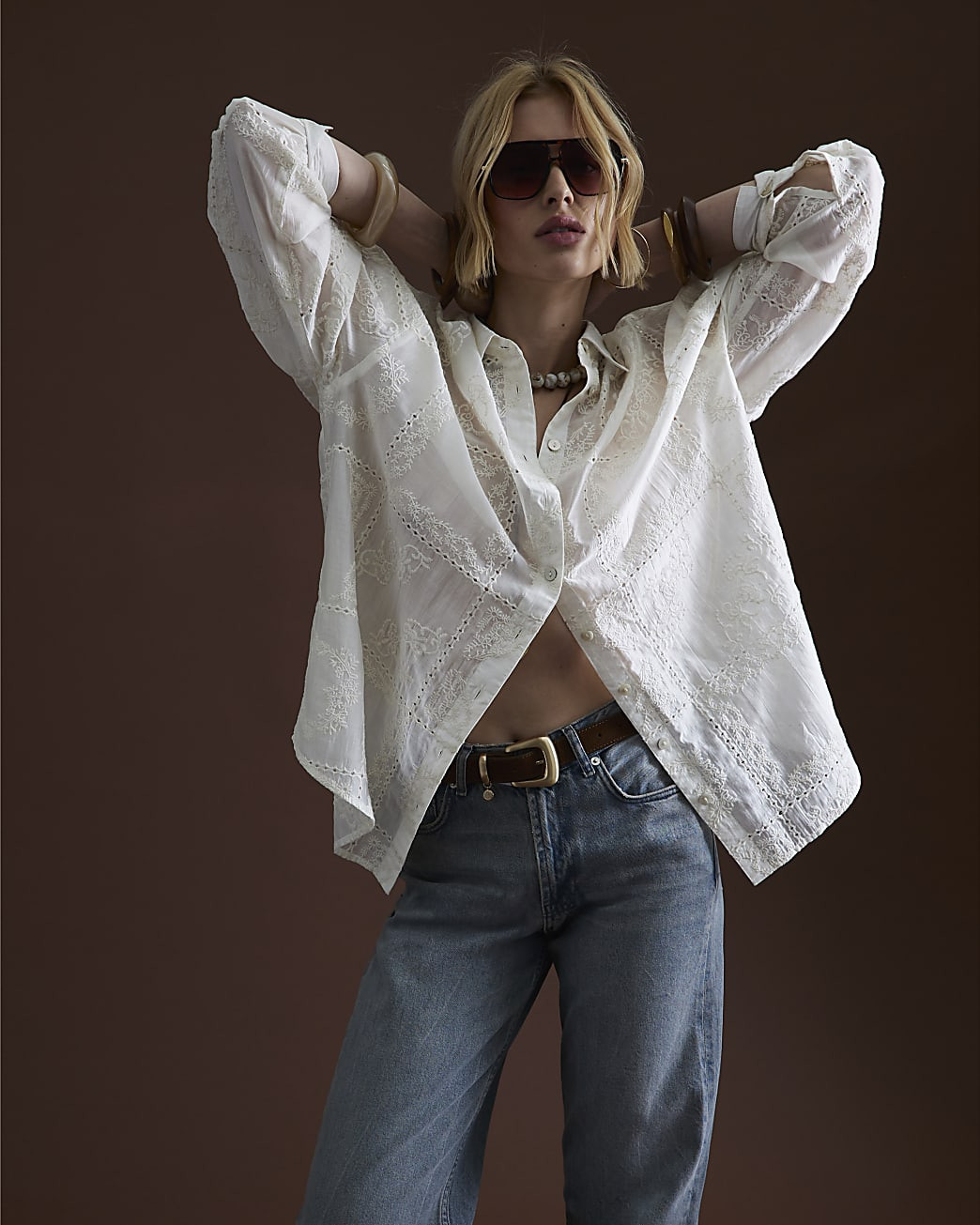 Cream Long Sleeve Oversized Broderie Shirt | River Island UK & IE