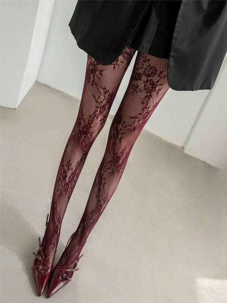 1 Pair Women's High-End French Retro Lace Rose Patterned Pantyhose, High Elasticity Skinny Tights, Sheer Hollow-Out Design For Slimming S95G | SHEIN