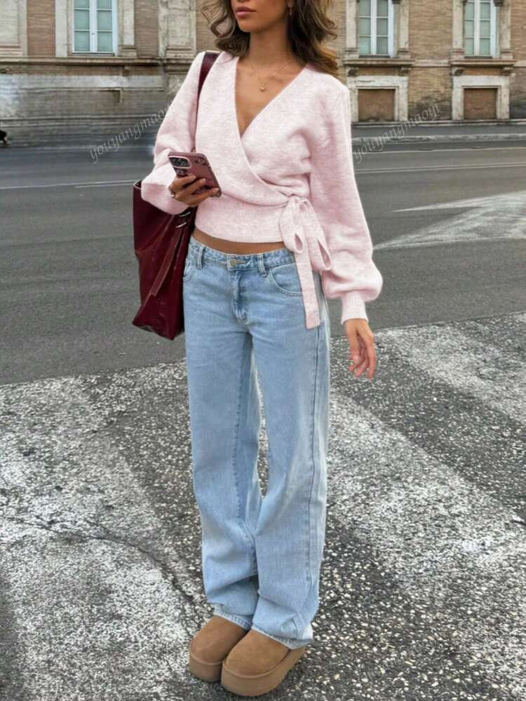 2025 Autumn/Winter Wrap Tie Knit Sweater, White, Women's Essential For Home, Commute, Date, Travel, Suitable For Various Occasions, Light Gray | SHEIN