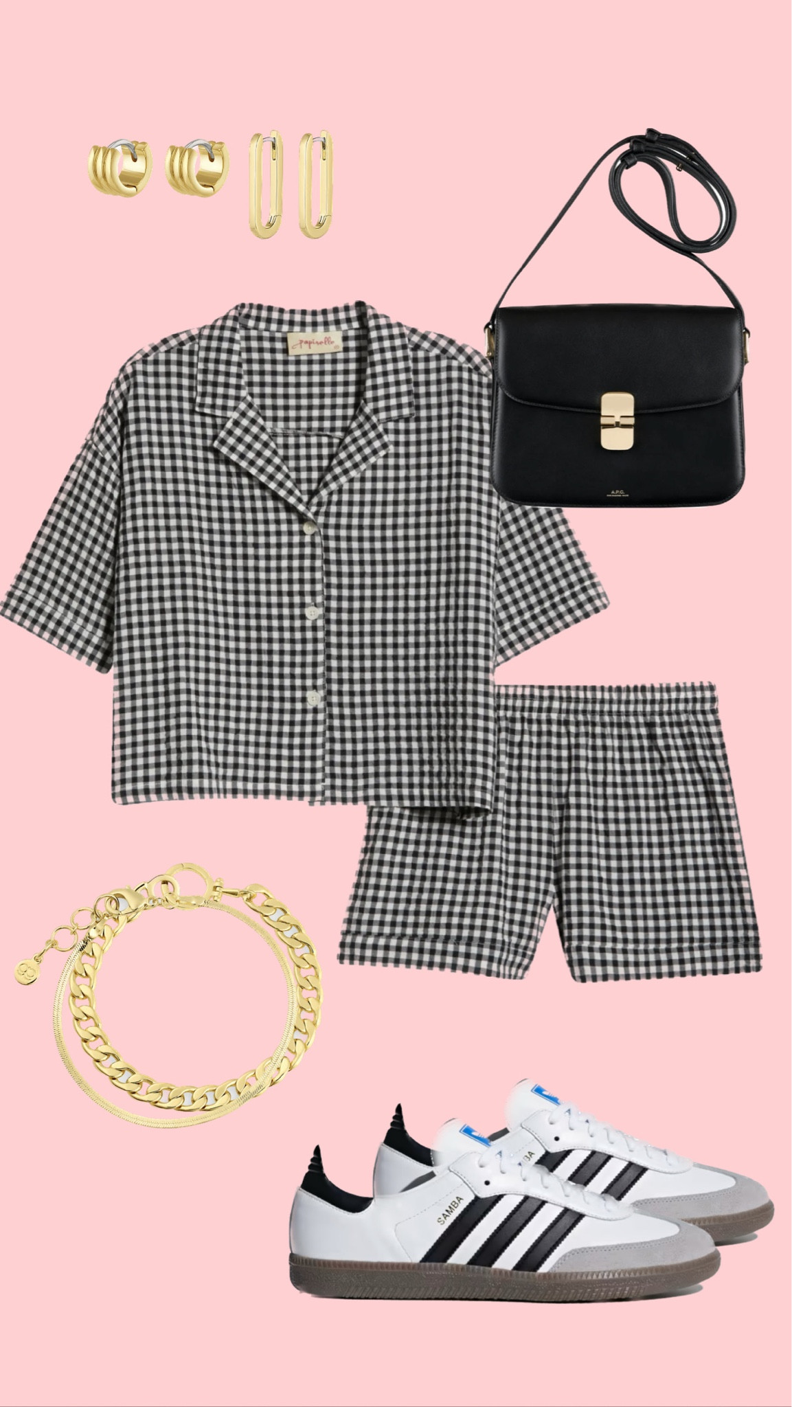 spring/summer casual warm weather outfit! 
samabs summer styles, gingham set, black shoulder bag, gold non-rust jewelry 

#LTKSeasonal #LTKSpringSale #LTKsalealert