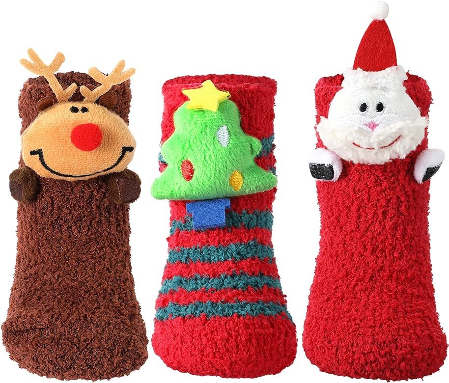 SATINIOR 3 Pairs Kid Christmas Socks Cute Fuzzy Slipper Socks Winter Warm Socks for Kids | Amazon (US)