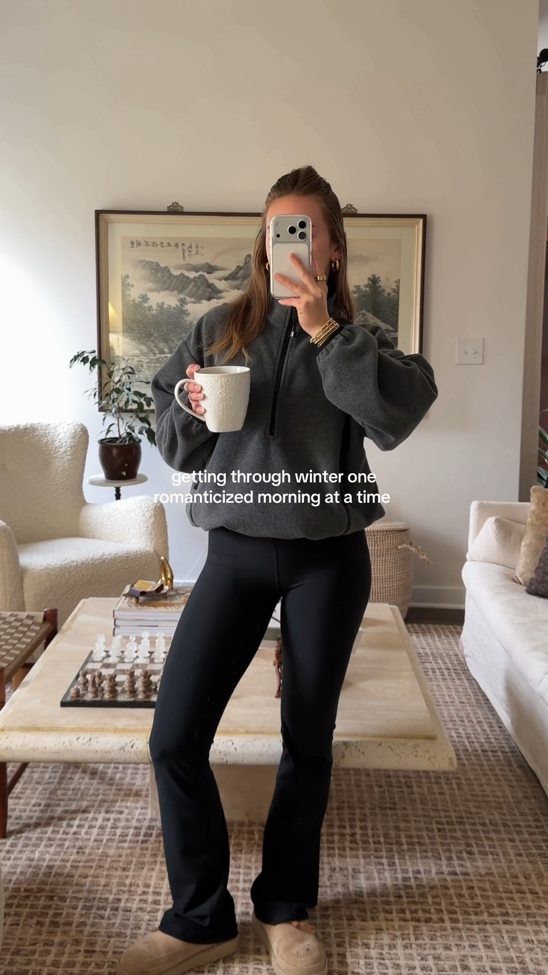 11/27/25 My winter morning routine — romanticizing one gloomy winter morning at a time. ❄️🤎
Linking my Aritzia quarter-zip fleece (currently on sale!) and my Abercrombie YPB leggings that are also on sale, plus I’ll include my code for an extra 15% off. (CYBERAF) 

Also adding my Amazon pour-over coffee maker — the perfect gift for any at-home coffee lover this season — along with our living room furniture details, our Rugs USA rug, and our Amazon linen shades + linen curtains.