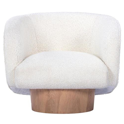 Hazel Modern Classic White Boucle Upholstered Brown Oak Base Swivel Club Chair | Kathy Kuo Home