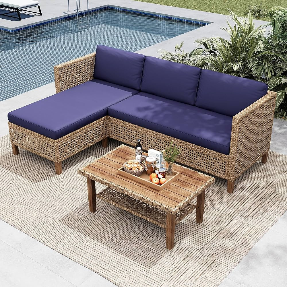 MFSTUDIO Outdoor L-Shaped Couch, 3 Pieces Wicker Patio Sofa Furniture with Wood Table and 2 Bench... | Amazon (US)
