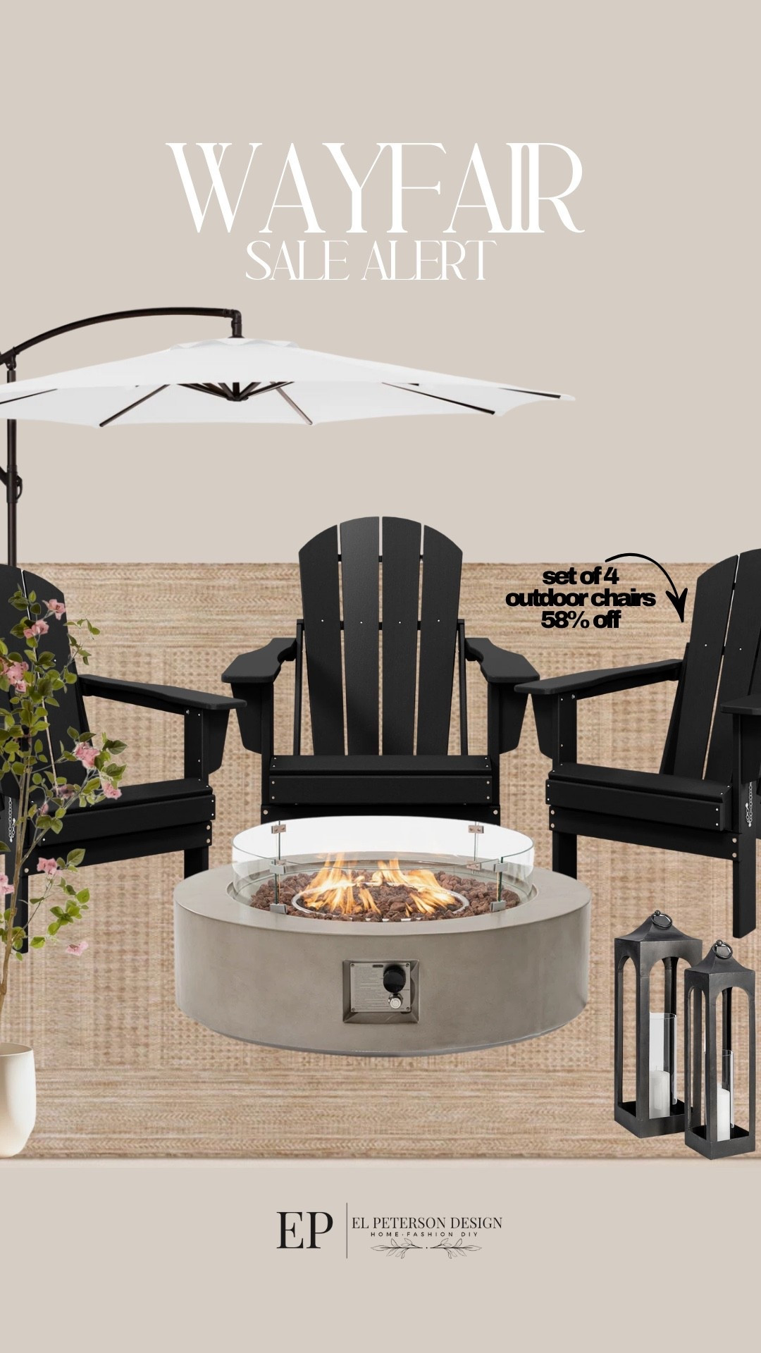 Wayfair 
Sale alert
Outdoor umbrella
Fire pit
Floor lantern
Outdoor rug
Faux plant
Outdoor chairs set of 4 

#LTKHome #LTKSaleAlert