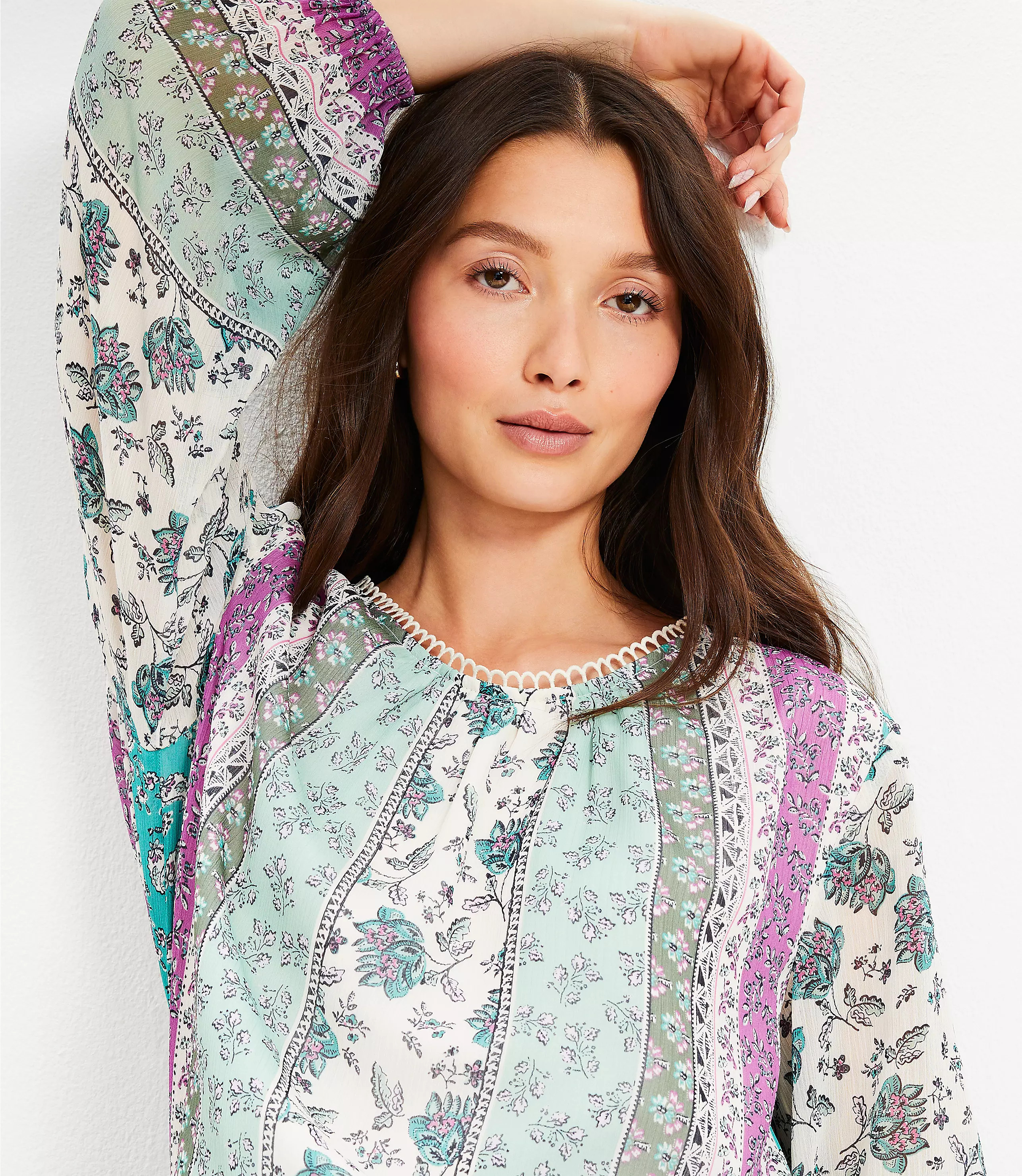 Floral Stripe Scalloped Neck Blouse | LOFT