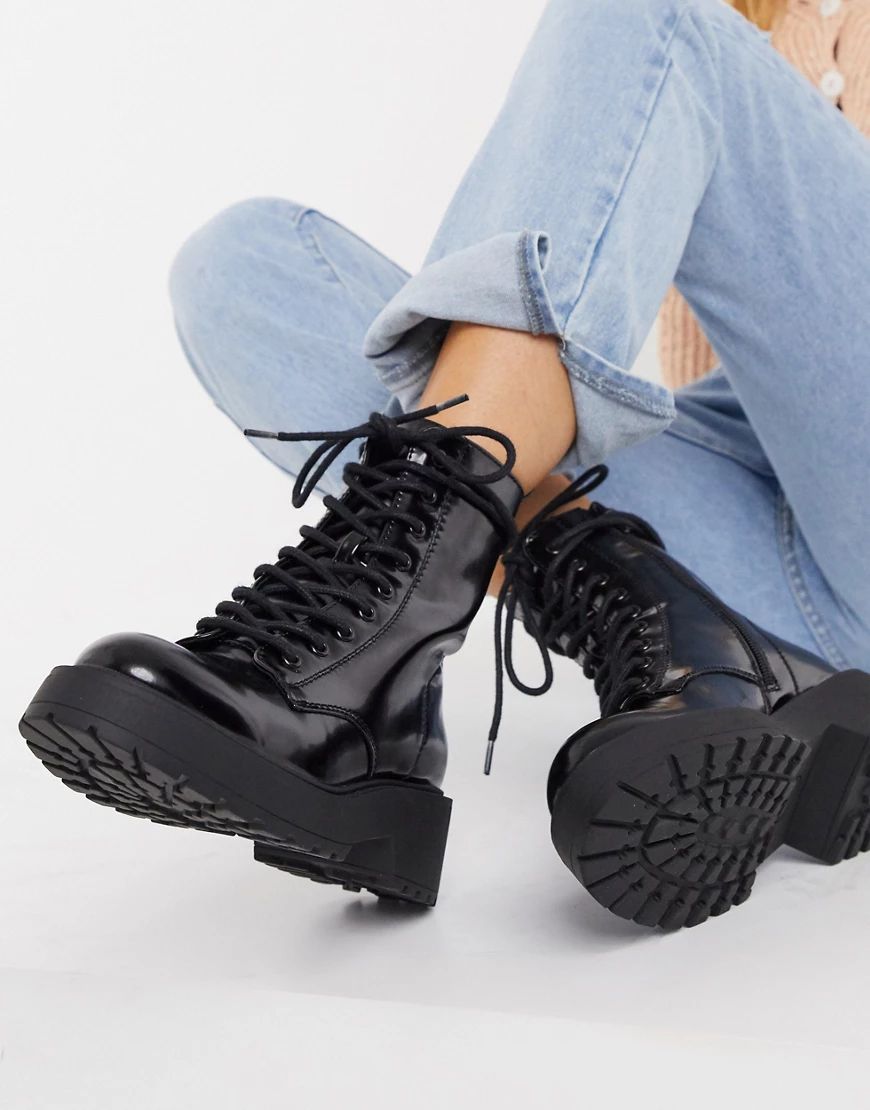 Pull&Bear lace up biker boot with chunky sole in black | ASOS (Global)