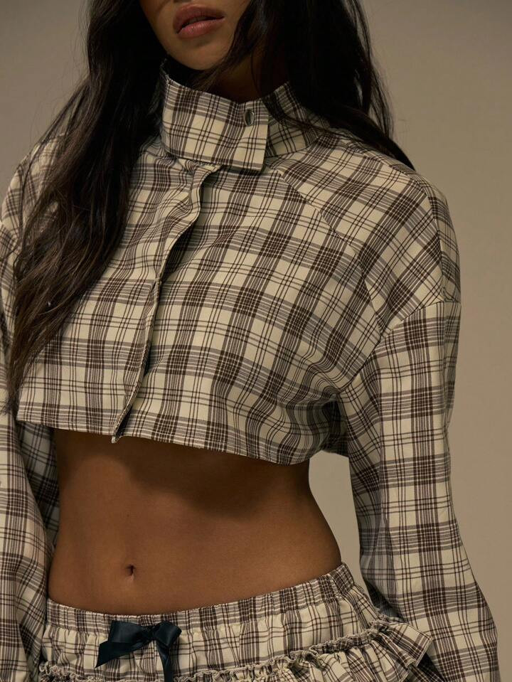 MUSERA MUSERA Funnel Neck Cropped Checked Jacket Fall Cute Streetwear Festival Farmhouse, Country, Plaid, Vintage, Fall Autumn Cropped Checked High Neck Jacket Fall Autumn Winter Cute Christmas | SHEIN