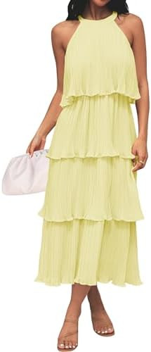 ZESICA Women's 2026 Summer Sleeveless Halter Neck Ruffle Tiered Layed Chiffon Flowy Swing Long Mi... | Amazon (US)