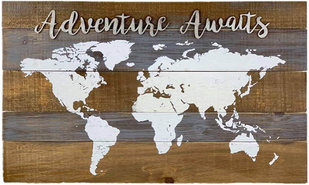 PARISLOFT Rustic Wood World Map Decor Adventure Awaits, Decoartive World Map Wall Plaque Sign Dec... | Amazon (US)
