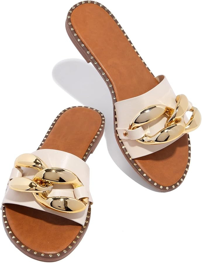 pearl&she Women's Leather Flat Slippers Metallic Link Chains Slip On Summer Indoor and Outdoor Sl... | Amazon (US)