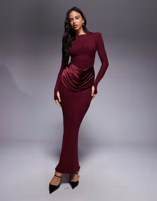 Wanderdoll Eman slash neck satin drape waist detail long sleeve bodycon maxi dress in berry | ASO... | ASOS (Global)