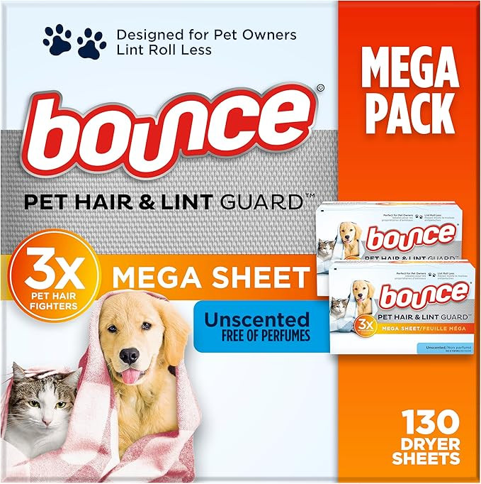 Bounce Pet Hair and Lint Guard Mega Dryer Sheets with 3X Pet Hair Fighters, Unscented, 130 Count | Amazon (US)