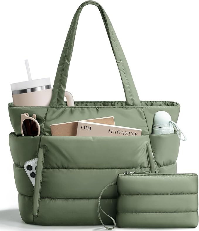 Puffer Tote Bag for Women, Lightweight Puffy Work Handbag Teacher Nurse Quilted Shoulder Bag for ... | Amazon (US)