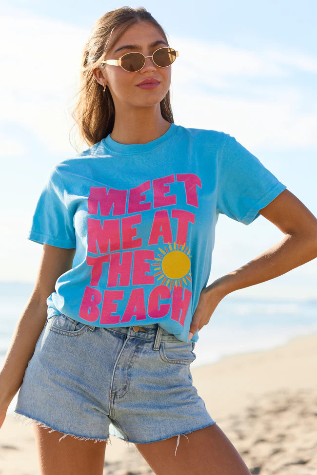 Meet Me At The Beach Blue Graphic Tee | Pink Lily