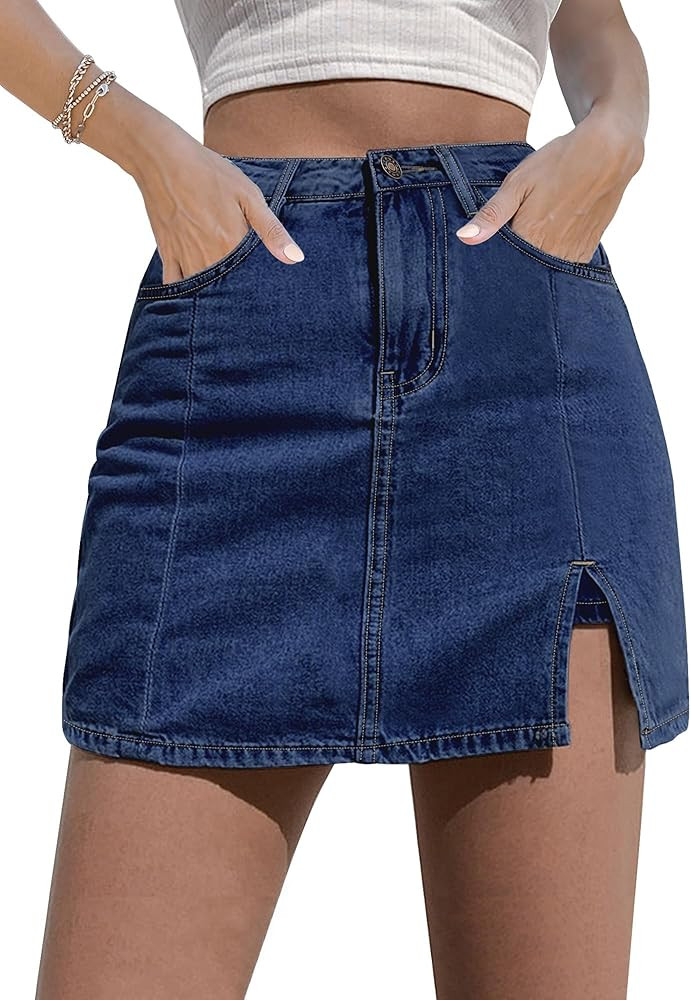 luvamia Skorts Skirts for Women Denim Mini Skirt Side Slit with High Waisted Jean Shorts Stretchy | Amazon (US)