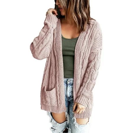 SpringTTC Women Chunky Cable Knit Casual Cardigan Button Down Open Front Pockets Sweater | Walmart (US)
