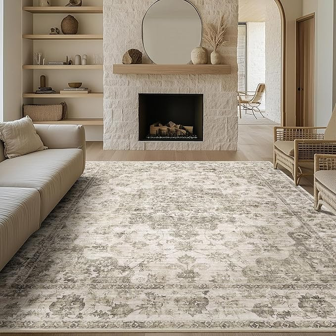 8x10 Washable Neutral Area Rug Taupe Vintage Living Room Bedroom Carpet Non-Slip Soft Low Pile Fl... | Amazon (US)