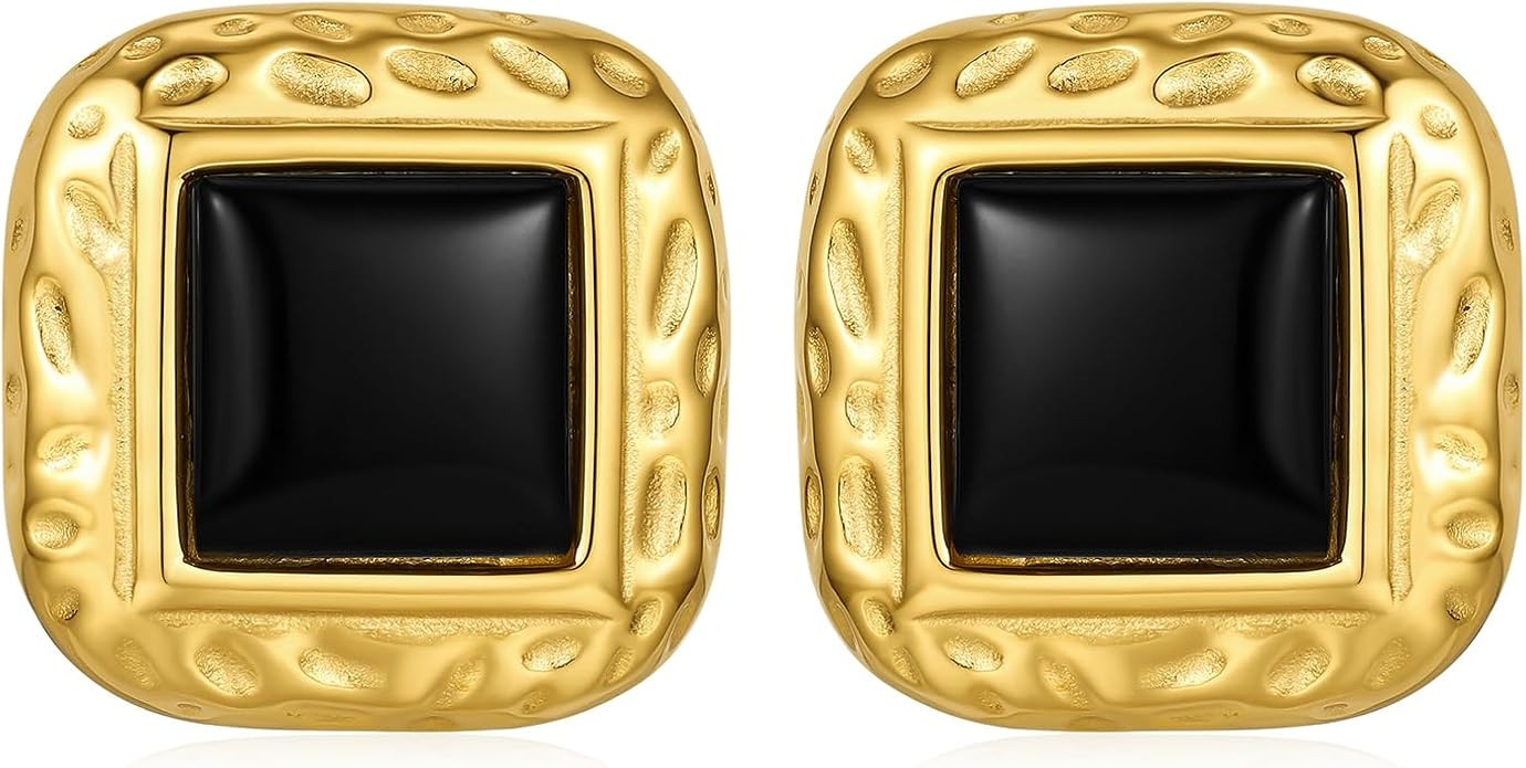 Chunky Gold Earrings Vintage Square Earrings Women Black and Gold Statement Earrings 18K Gold Stu... | Amazon (US)
